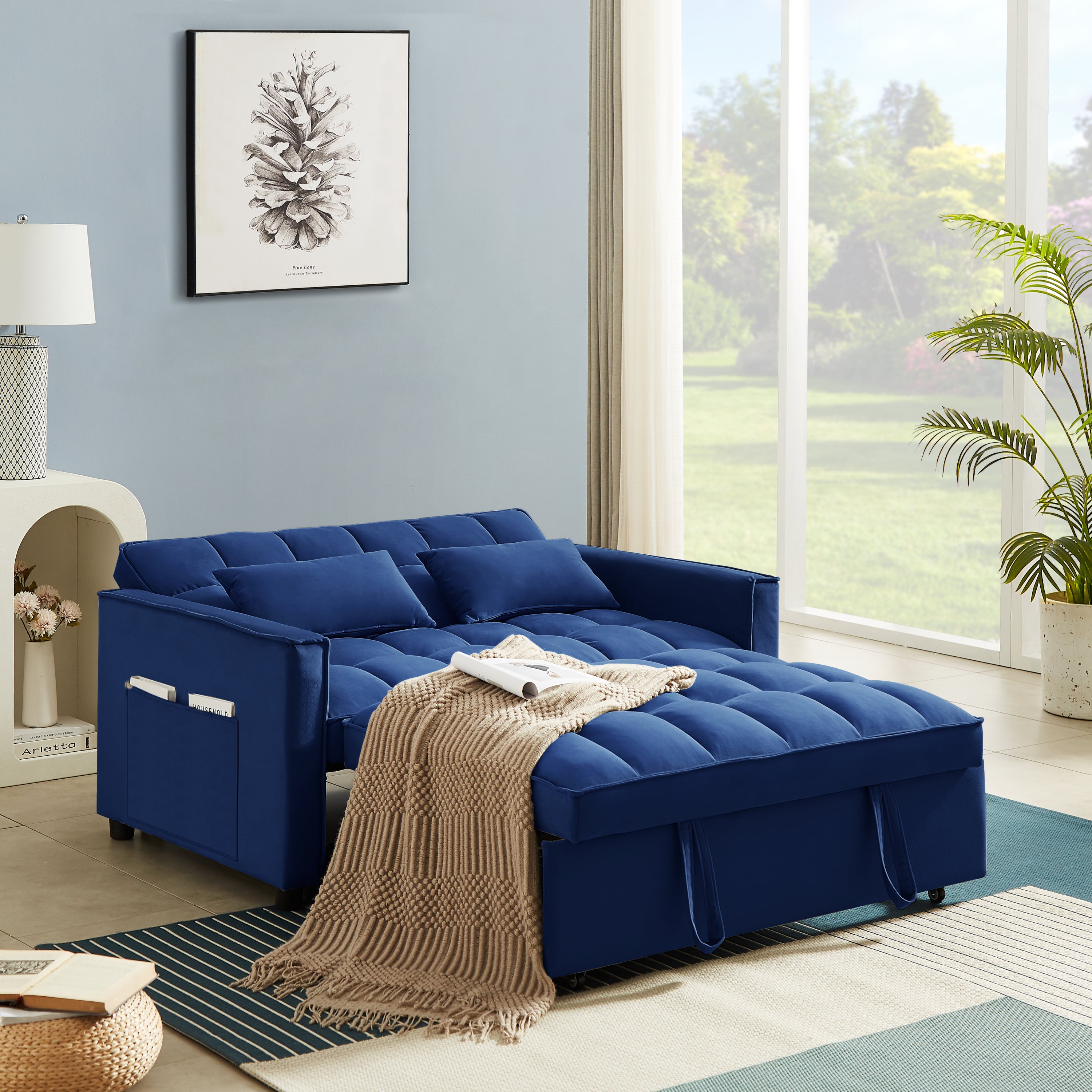 Modern Velvet Convertible Loveseat Sleeper Sofa Couch with Adjustable Backrest, 2 Seater Sofa With Pull-Out Bed with 2 Lumbar Pillows For Small Living Room & Apartment - Atlantic Fine Furniture Inc