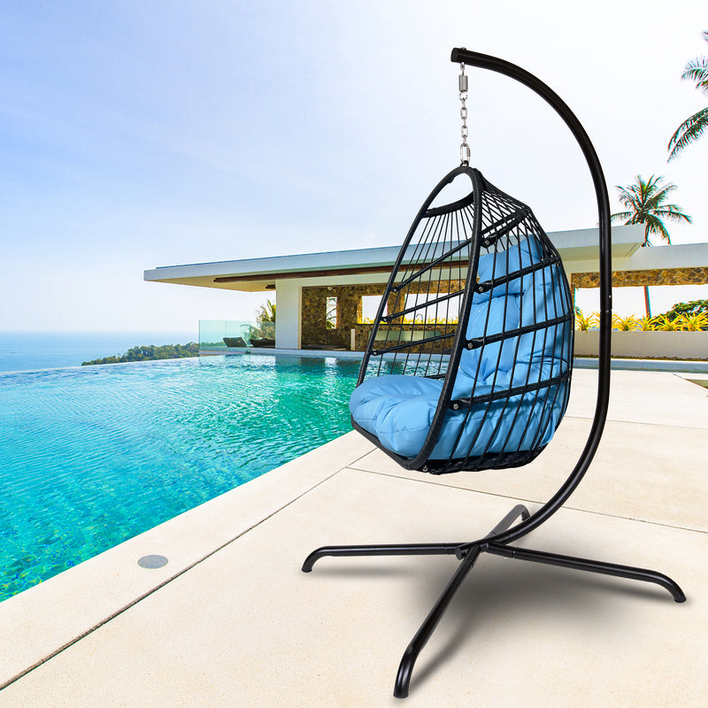 Swing Egg Chair with Stand Indoor Outdoor Wicker Rattan Patio Basket Hanging Chair with C Type bracket , with cushion and pillow,Patio Wicker folding Hanging Chair - Atlantic Fine Furniture Inc