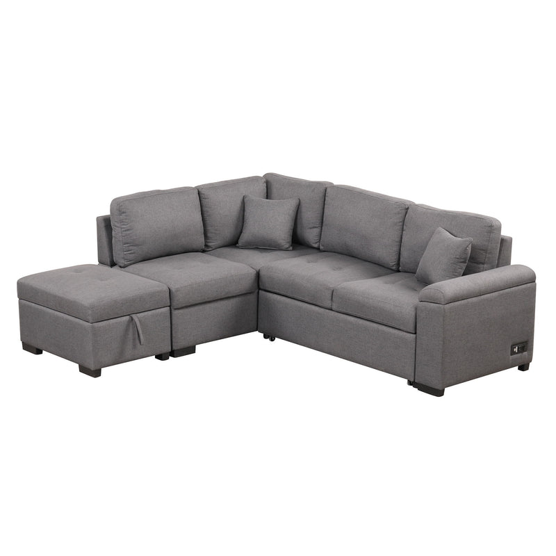 Sleeper Sectional Sofa, L-Shape Corner Couch Sofa-Bed With Storage Ottoman & Hidden Arm Storage & Usb Charge For Living Room Apartment, Dark Gray