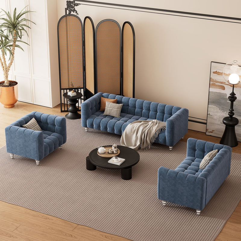 Modern 3 Piece Sofa Set With Solid Wood Legs, Buttoned Tufted Backrest, Dutch Fleece Upholstered Sofa Set Including Three-Seater Sofa, Double Seat And Living Room Furniture Set Single Chair, Blue