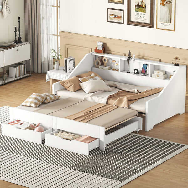 Twin To King Size Daybed Frame With Storage Bookcases And Two Drawers, Charging Design, White