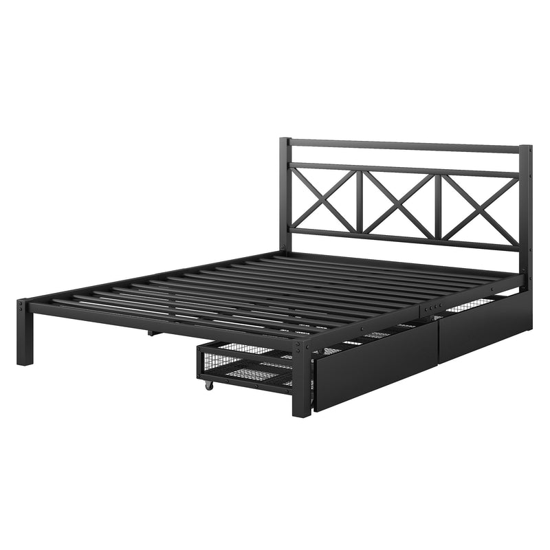 Metal Platform Bed With 2 Drawers, Queen (Black)