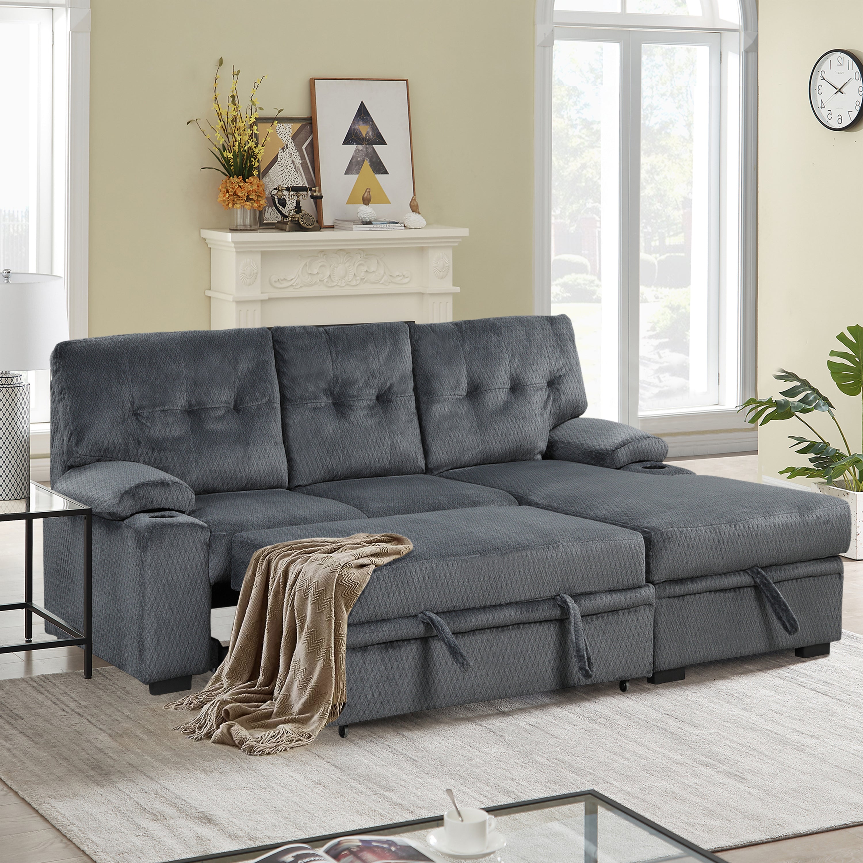 Orisfur. Modern Padded Upholstered  Sofa Bed Sleeper Sectional Sofa with Storage Chaise and Cup Holder for Living Room Furniture Set - Atlantic Fine Furniture Inc