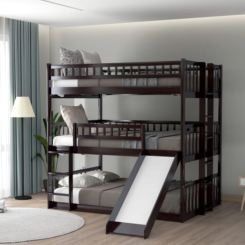 Full Over Full Over Full Triple Bed With Built In Ladder And Slide, Triple Bunk Bed With Guardrails, Espresso