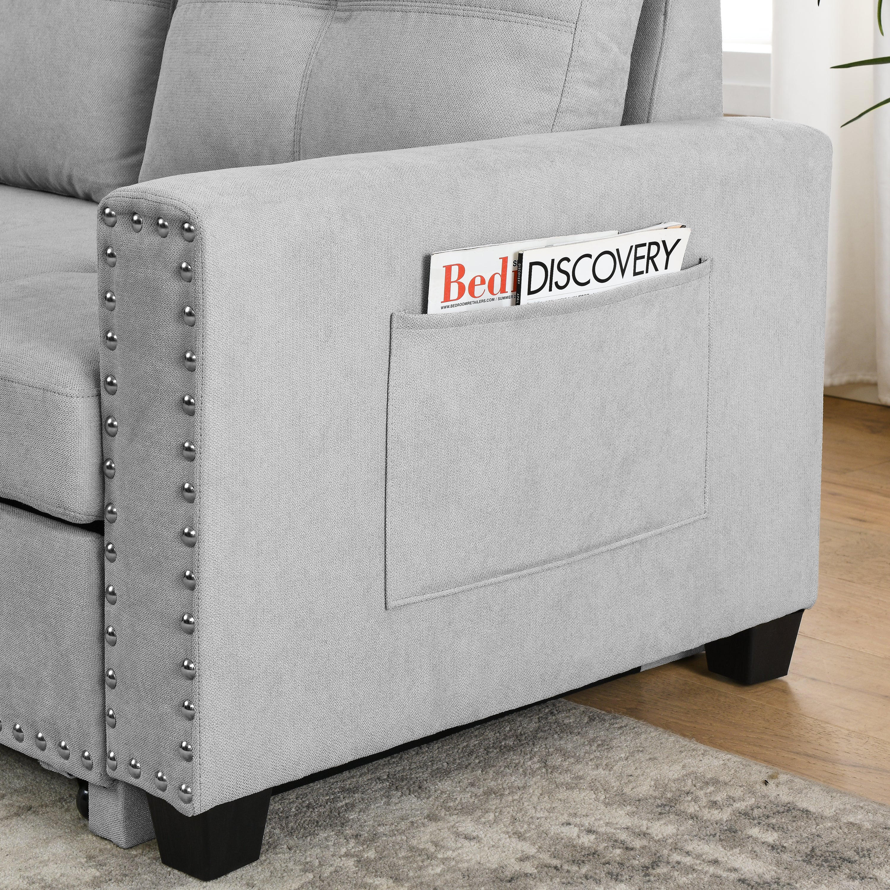 [Video] MH 82" Sleeper Sofa Bed Reversible Sectional Couch with Storage Chaise and Side storage bag for Living Room Furniture Set, silver rivets on both hands - Atlantic Fine Furniture Inc