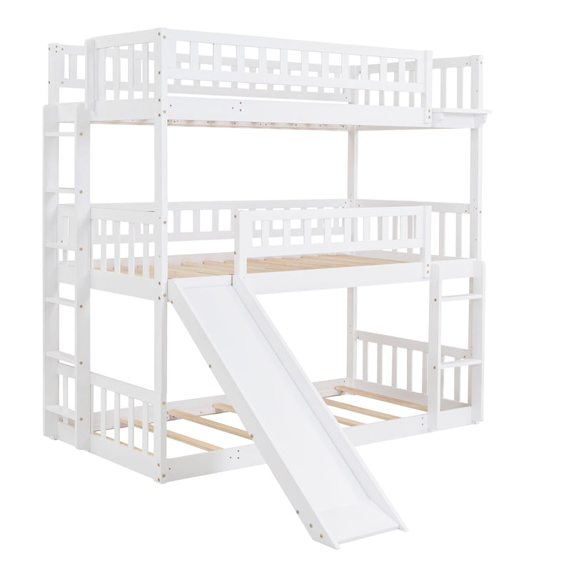 Twin-Over-Twin-Over-Twin Triple Bed With Built-In Ladder And Slide, Triple Bunk Bed With Guardrails, White
