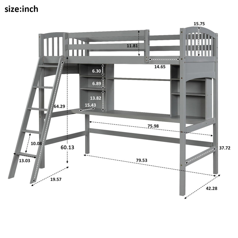 Twin Size Loft Bed With Storage Shelves, Desk And Ladder, Gray