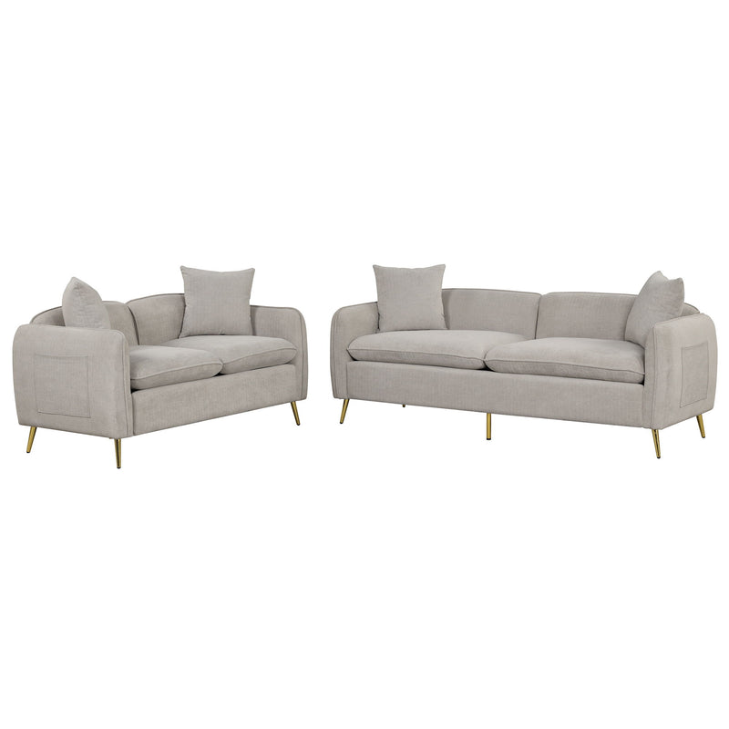 2 Piece Velvet Upholstered Sofa Sets, Loveseat And 3 Seat Couch Set Furniture With 2 Pillows And Golden Metal Legs For Different Spaces, Living Room, Apartment, Gray