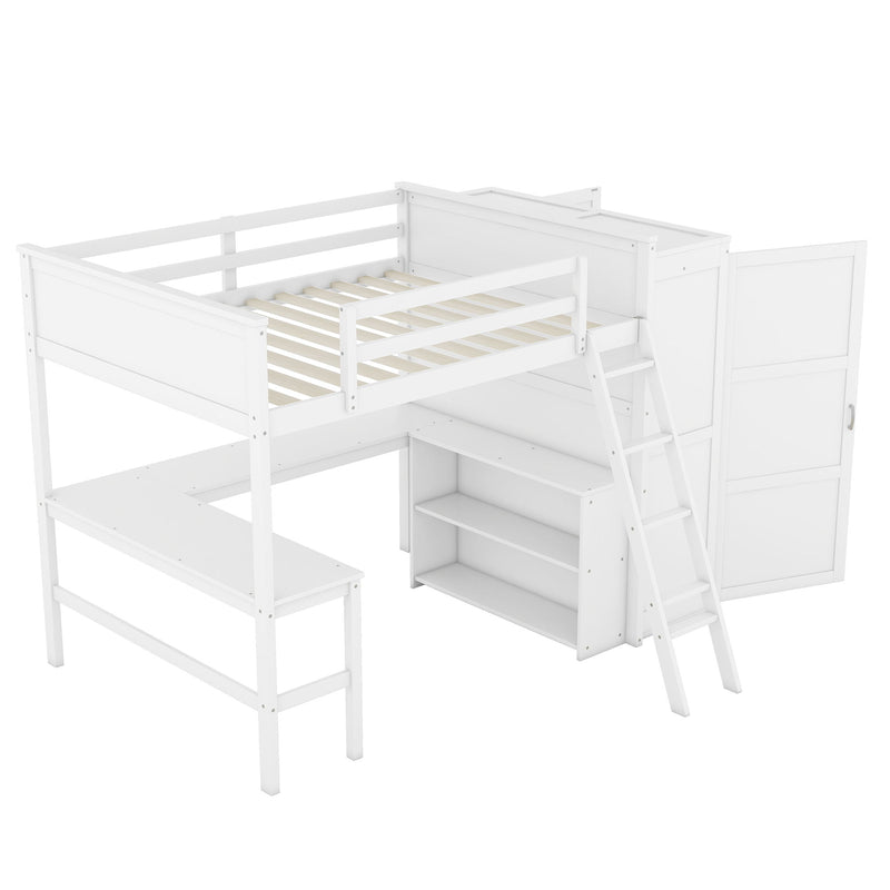 Full Size Loft Bed With Desk, Shelves And Wardrobe - White