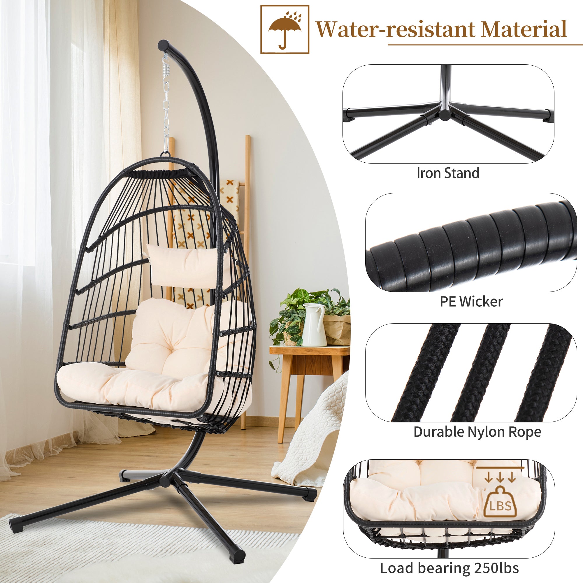TOPMAX Patio Foldable Swing Chair Porch PE Wicker Egg Hanging Chair Hammock Chair w/Stand and Cushion for Outdoor Balcony Indoor Bedroom, Beige - Atlantic Fine Furniture Inc