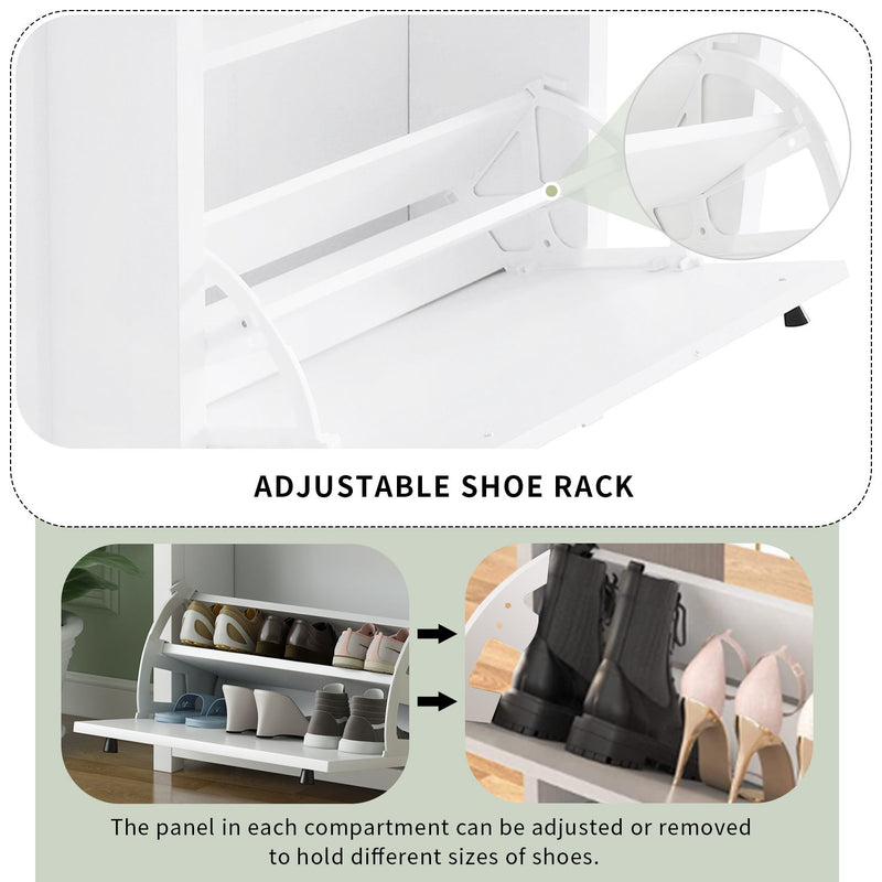 On-Trend Functional Entryway Organizer With 2 Flip Drawers, Wood Grain Pattern Top Shoe Cabinet With Drawer, Free Standing Shoe Rack With Adjustable Panel For Hallway, White