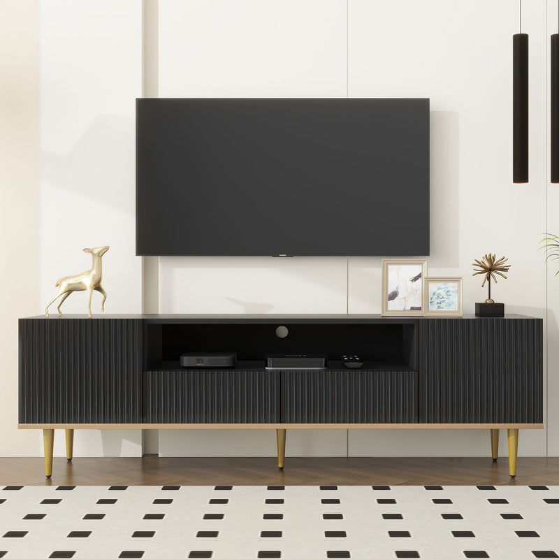 U-Can Modern TV Stand For 70+" TV, Entertainment Center TV Media Console Table, With Shelf, 2 Drawers And 2 Cabinets, TV Console Cabinet Furniture For Living Room - Black