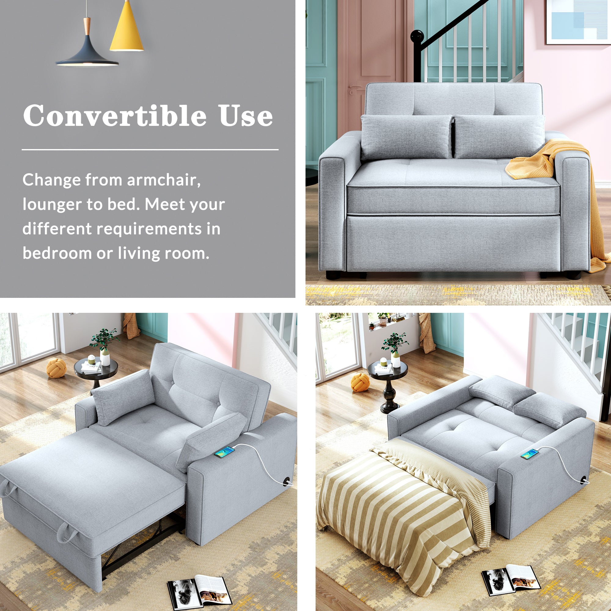 Orisfur. 48" Convertible Sleeper Sofa Bed, Multi-Functional Adjustable Single Bed Chair  with USB Port and 2 Pillows for Small Space - Atlantic Fine Furniture Inc
