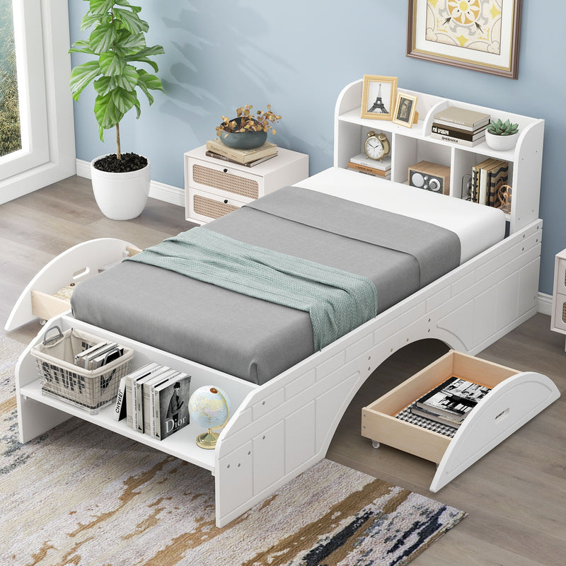 Wood Twin Size Platform Bed With 2 Drawers, Storage Headboard And Footboard, White