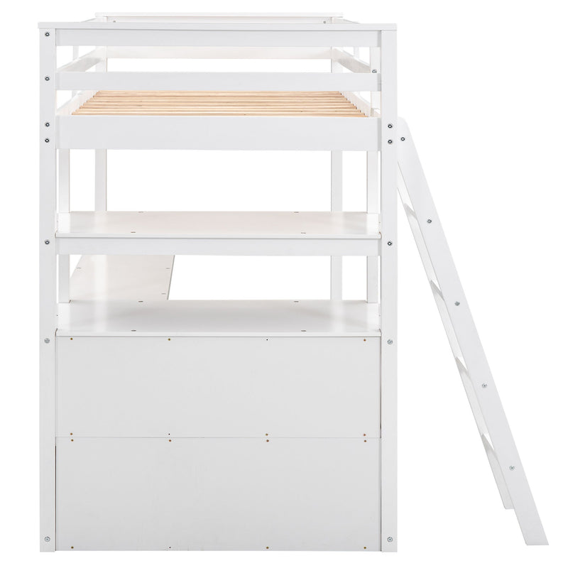 Twin Size Loft Bed With Desk And Shelves, Two Built - In Drawers, White