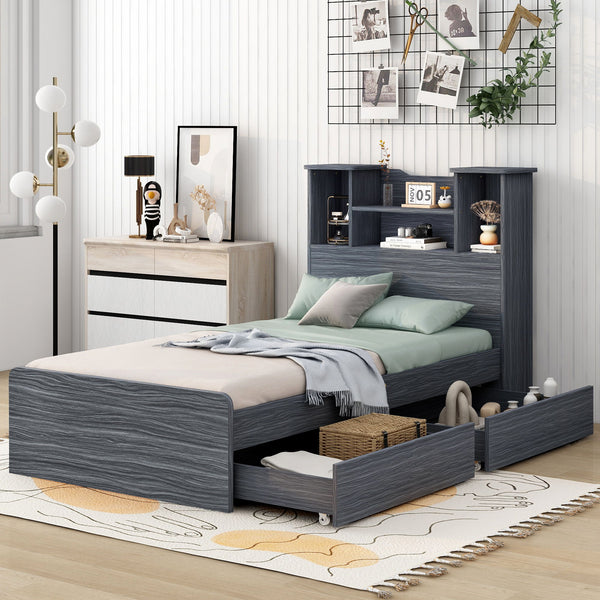 Twin Size Storage Platform Bed Frame With 4 Open Storage Shelves And 2 Storage Drawers, LED Light, Gray