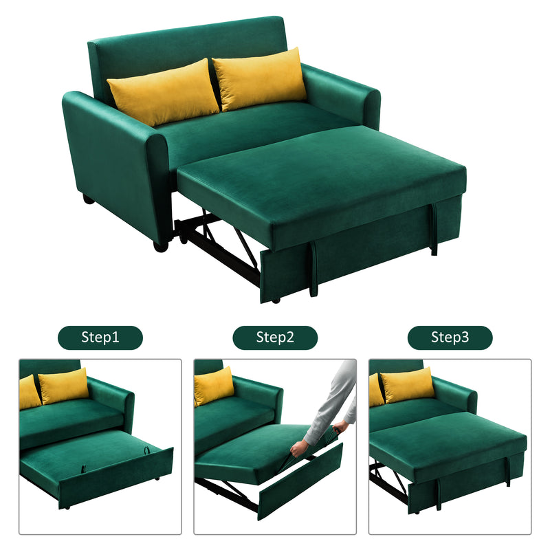 [VIDEO provided]55" Modern Velvet Sofa with Pull-Out Sleeper Bed with 2 Pillows Adjustable Backrest for Small Spaces Green