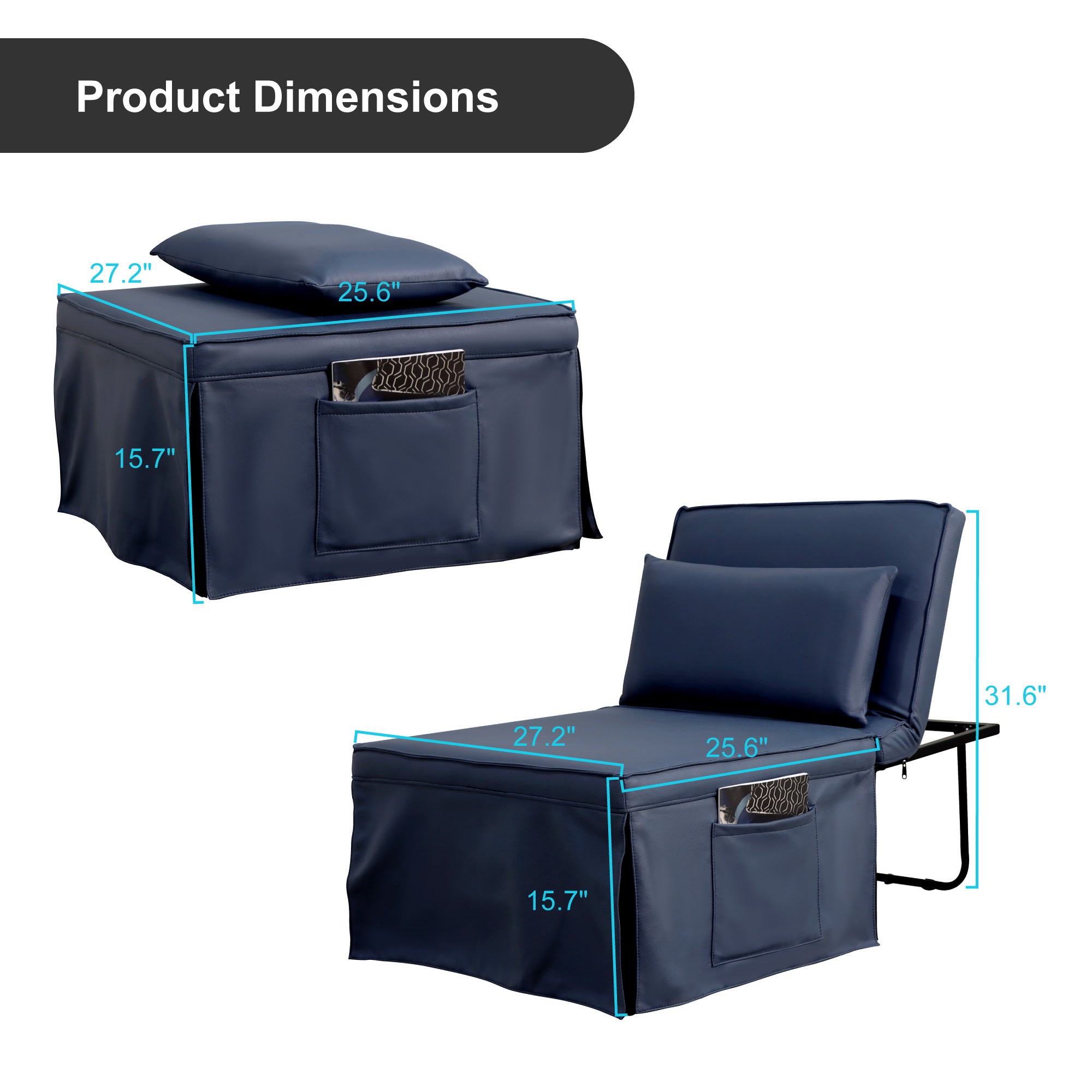 Sofa Bed 4 in 1 Ottoman Sleeper Bed Convertible Chair Bed with Adjustable Back Breathable Sleeper Guest Bed for Small Room, Blue - Atlantic Fine Furniture Inc