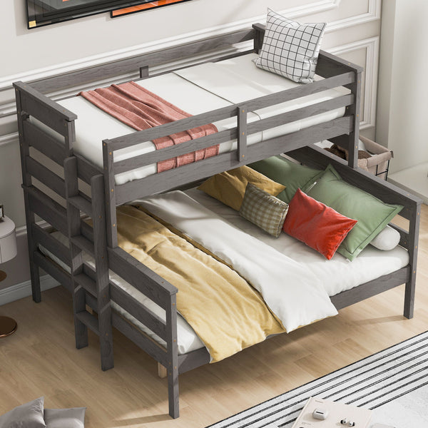 Wood Twin XL Over Queen Bunk Bed With Ladder, Gray