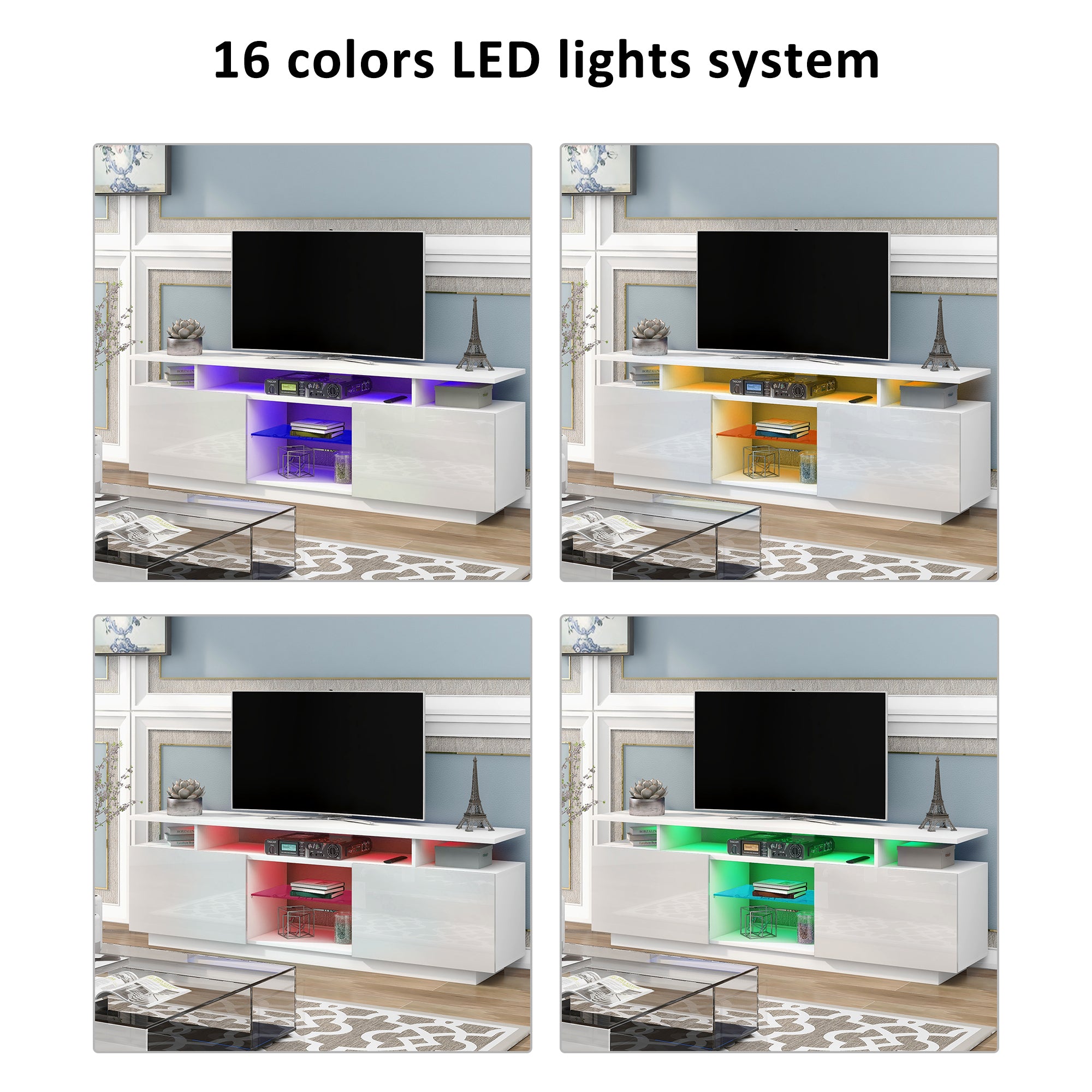 ON-TREND Modern TV Stand for TVs up to 65inches with LED lights, 16 Colors, for Livingroom, Bedroom, White  (OLD SKU: WF280706AAK) - Atlantic Fine Furniture Inc