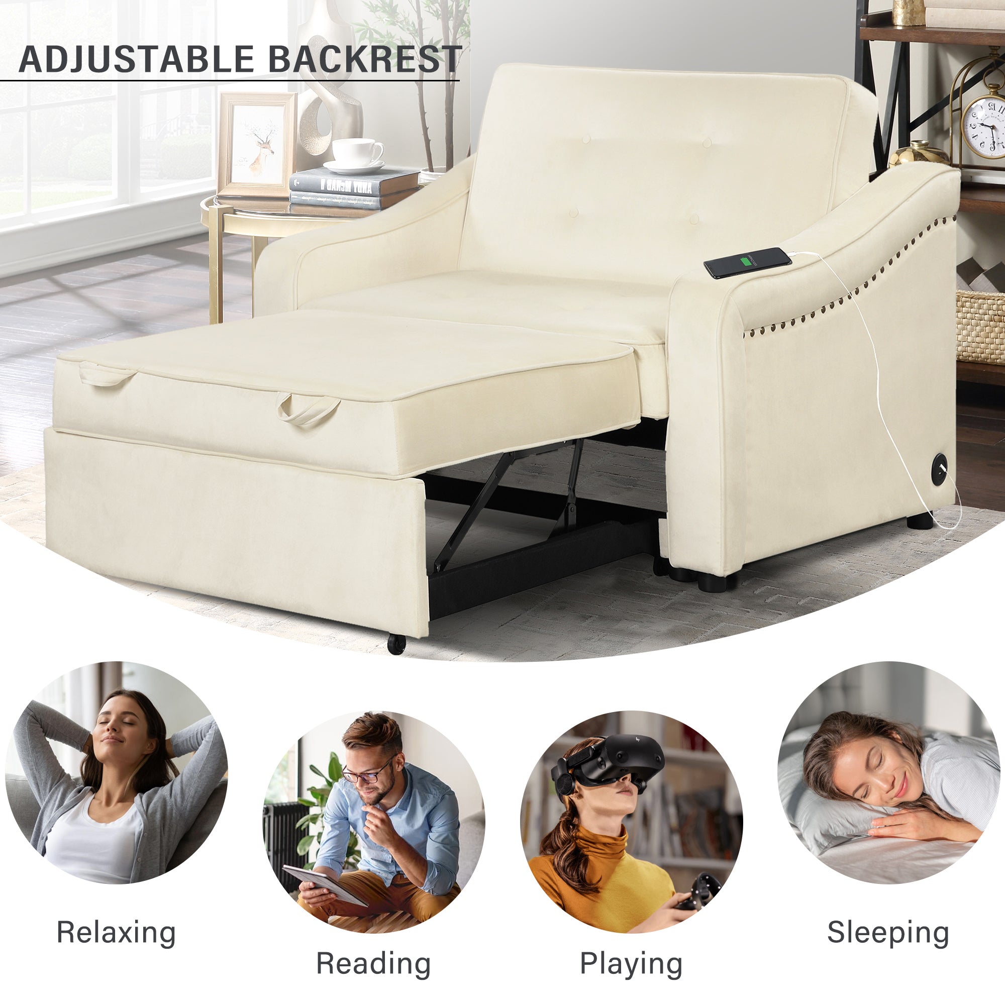 Orisfur. 50.6" Convertible Sleeper Bed, Adjustable Sofa Couch with Dual USB Ports for Living Room Space（Cream White） - Atlantic Fine Furniture Inc