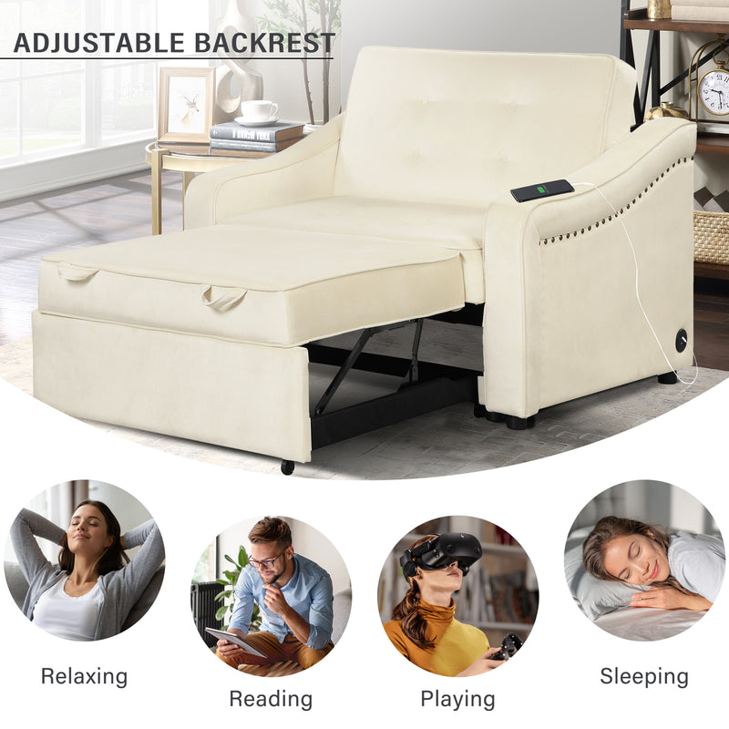 Orisfur. 50.6" Convertible Sleeper Bed, Adjustable Sofa Couch with Dual USB Ports for Living Room Space（Cream White）