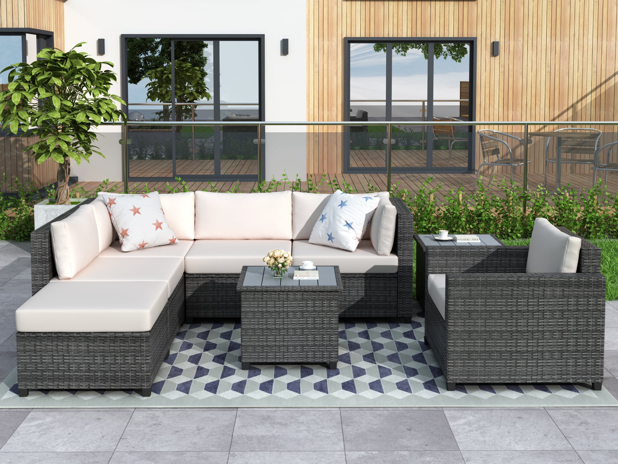 U_Style 8 Piece Rattan Sectional Seating Group with Cushions, Patio Furniture Sets, Outdoor Wicker Sectional - Atlantic Fine Furniture Inc