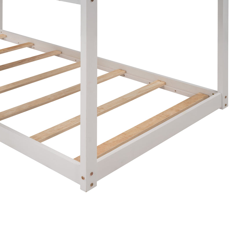 Twin Over Twin Bunk Bed Wood Bed With Roof, Window, Guardrail, Ladder (White)