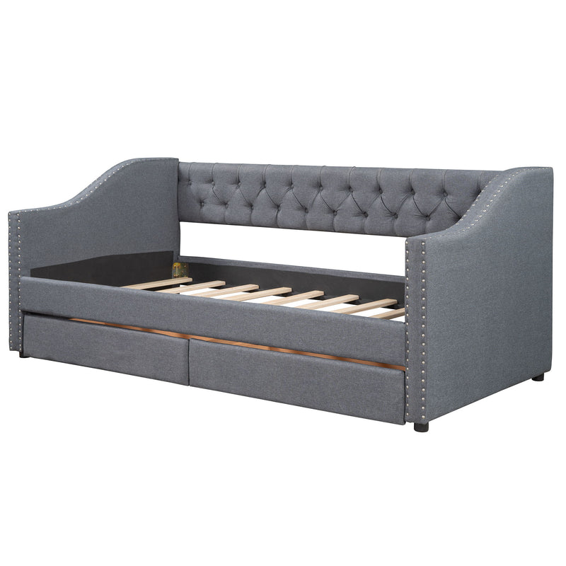 Upholstered Twin Size Daybed With Two Drawers, Wood Slat Support, Gray