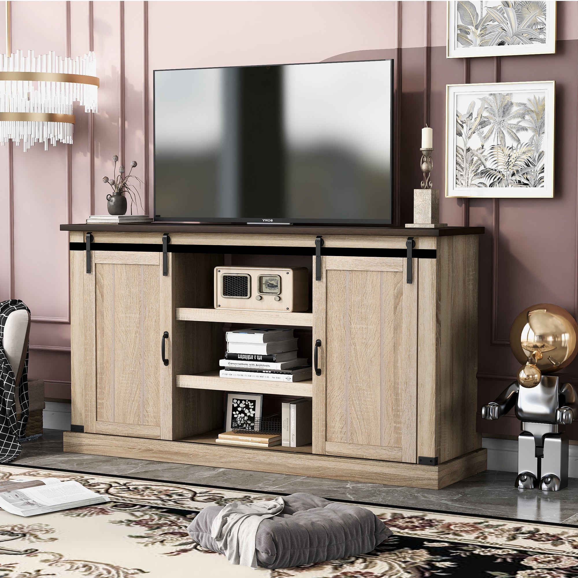 U-Can TV Stand with 2 Adjustable Panels Open Style Cabinet, Sideboard for Living room, Walnut - Atlantic Fine Furniture Inc