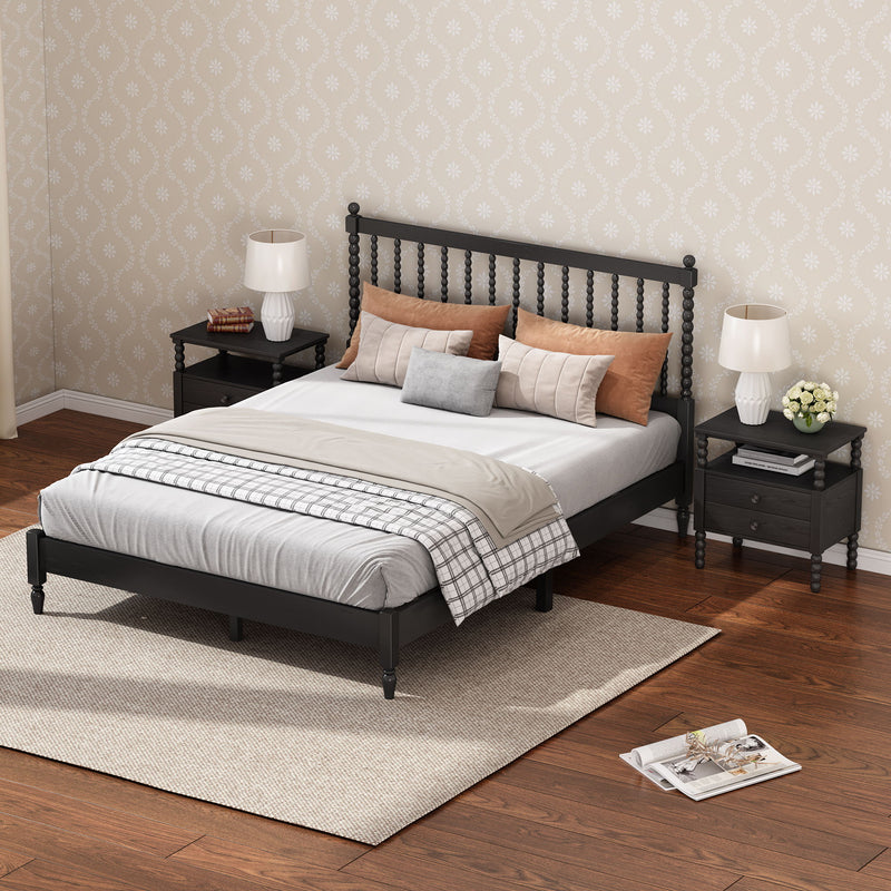 3 Pieces Bedroom Sets King Size Wood Platform Bed With Gourd Shaped Headboard With 2 Nightstands, Antique Black