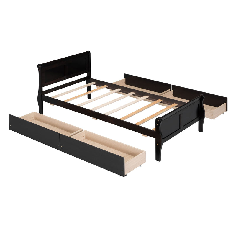 Twin Size Wood Platform Bed With 4 Drawers And Streamlined Headboard & Footboard, Espresso