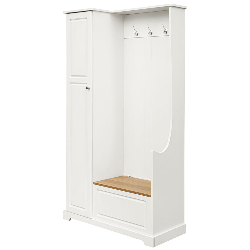 On-Trend Stylish Design Hall Tree With Flip-Up Bench, Minimalist Hallway Shoe Cabinet With Adjustable Shelves, Multifunctional Furniture With Hanging Hooks For Entryways, Mudroom, White