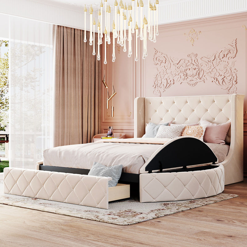 Upholstered Platform Bed Queen Size Storage Velvet Bed With Wingback Headboard And 1 Big Drawer, 2 Side Storage Stool (Beige)