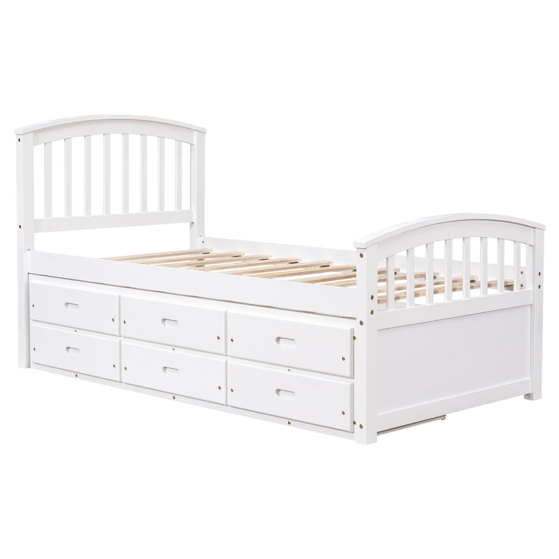 Twin Size Platform Storage Bed Solid Wood Bed With 6 Drawers, White