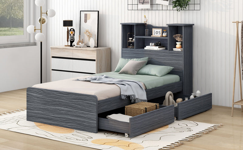 Twin Size Storage Platform Bed Frame With 4 Open Storage Shelves And 2 Storage Drawers, LED Light, Gray