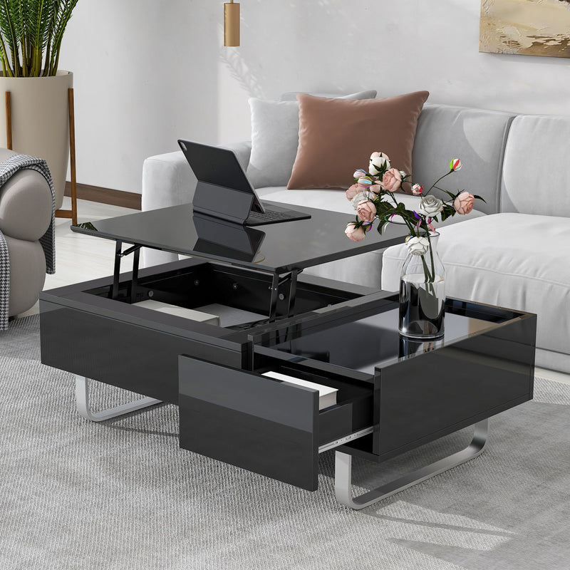 On-Trend Multi-Functional Coffee Table With Lifted TableTop , Contemporary Cocktail Table With Metal Frame Legs, High-Gloss Surface Dining Table For Living Room, Black