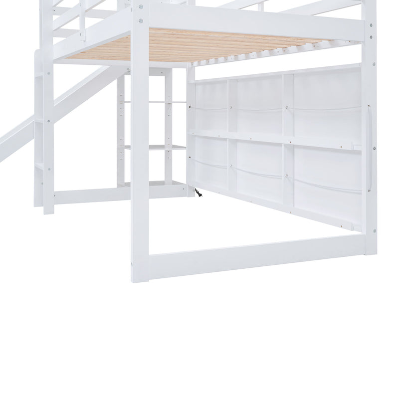 Twin Size Wood House Loft Bed With Slide, Storage Shelves And Light, White