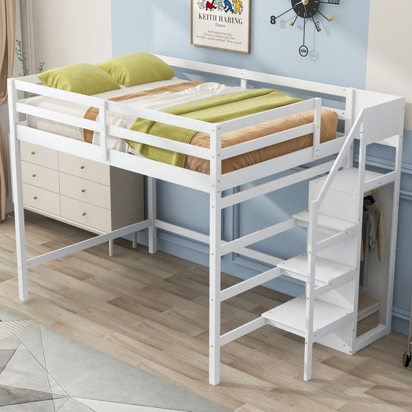 Full Size Loft Bed With Built-In Storage Wardrobe And Staircase - White