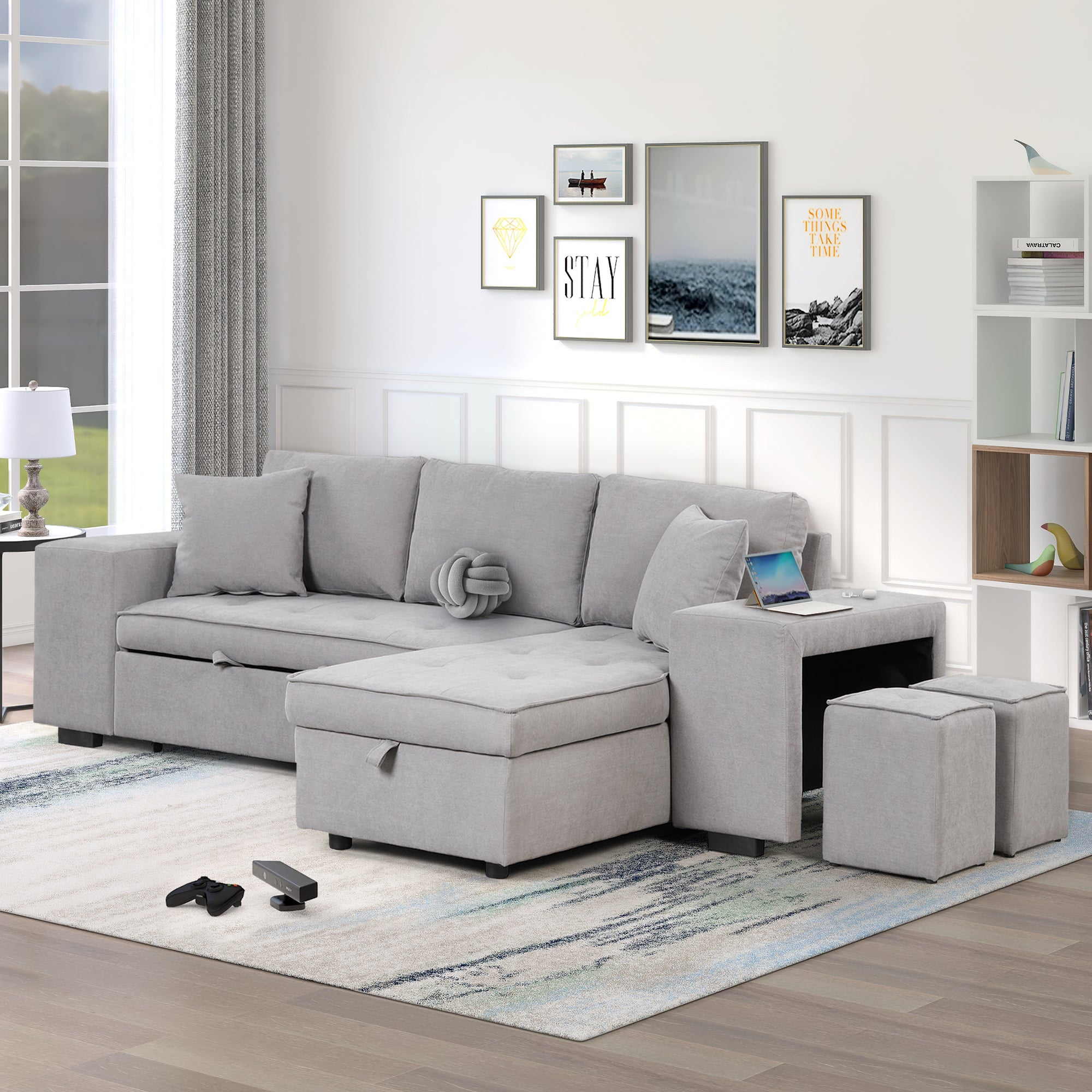 Orisfur. 104" Pull Out Sleeper Sofa Reversible L-Shape 3 Seat Sectional Couch with Storage Chaise and 2 Stools for Living Room Furniture Set - Atlantic Fine Furniture Inc