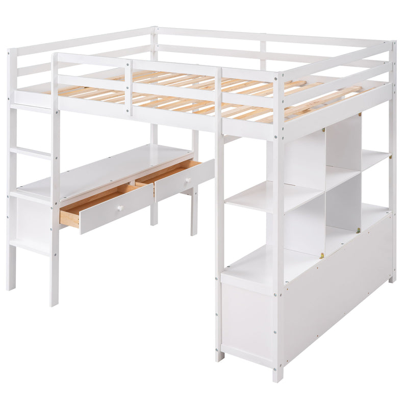 Full Size Loft Bed With Built-In Desk With Two Drawers, And Storage Shelves And Drawers - White