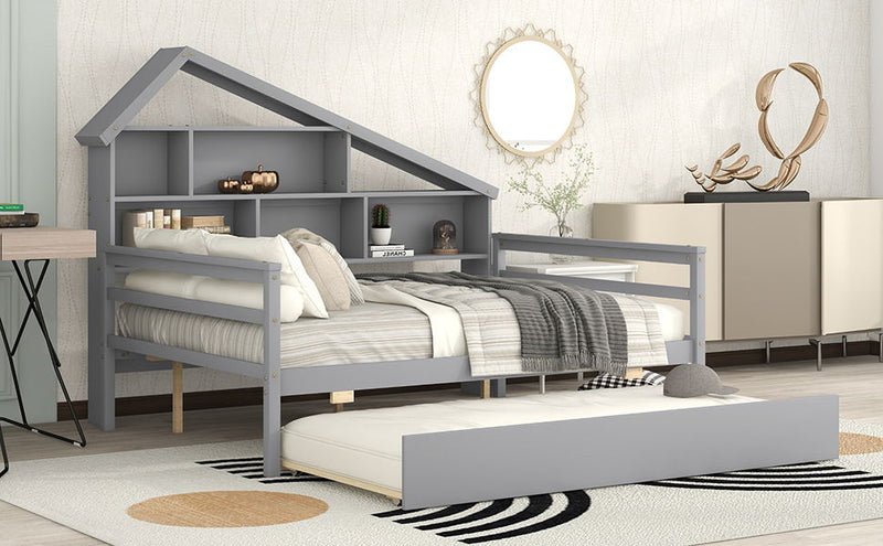 Full Size Platform Bed With Trundle And Shelves, Gray