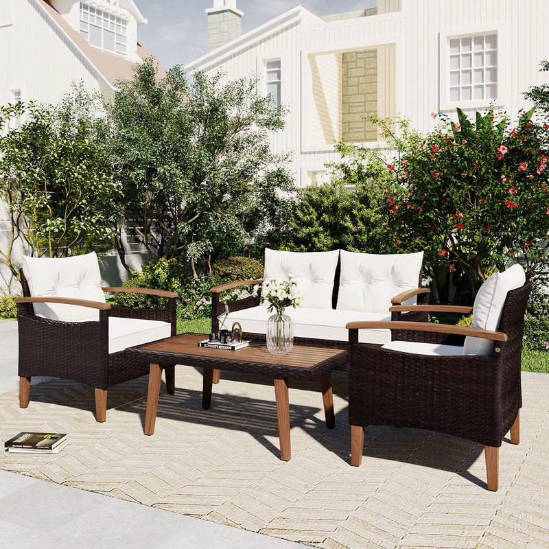 Go 4 Piece Garden Furniture, Patio Seating Set, Pe Rattan Outdoor Sofa Set, Wood Table And Legs, Brown And Beige