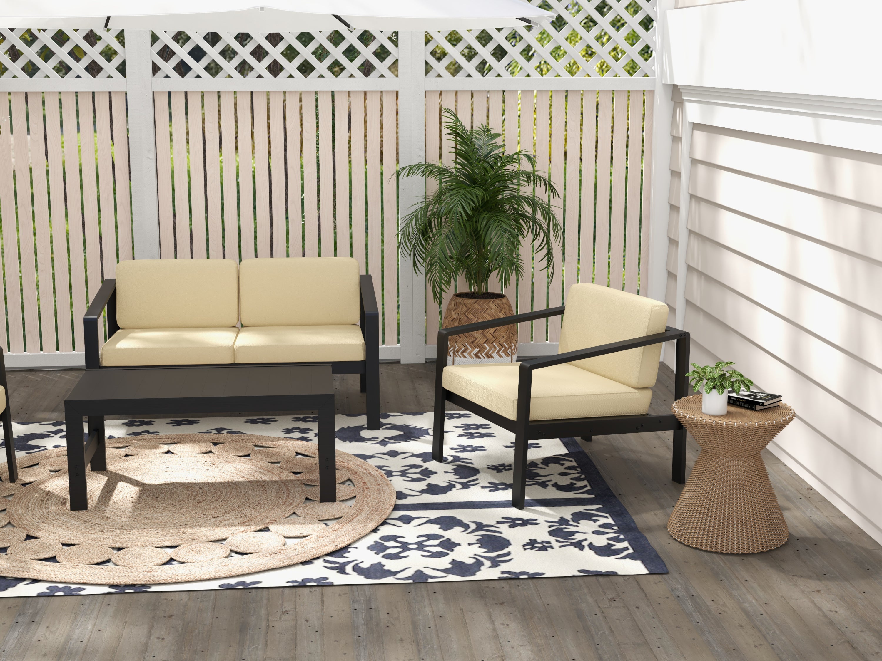 Outdoor Patio Furniture Double Armchair with Cushions in stripe for Restaurant Outdoor courtyard Garden Open-air balcony Poolside,Black aluminum fram,Modern Design - Atlantic Fine Furniture Inc