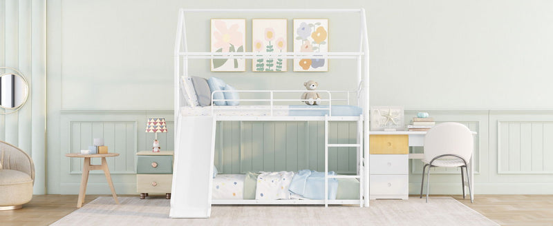 Twin Over Twin Metal Bunk Bed With Slide, Kids House Bed - White