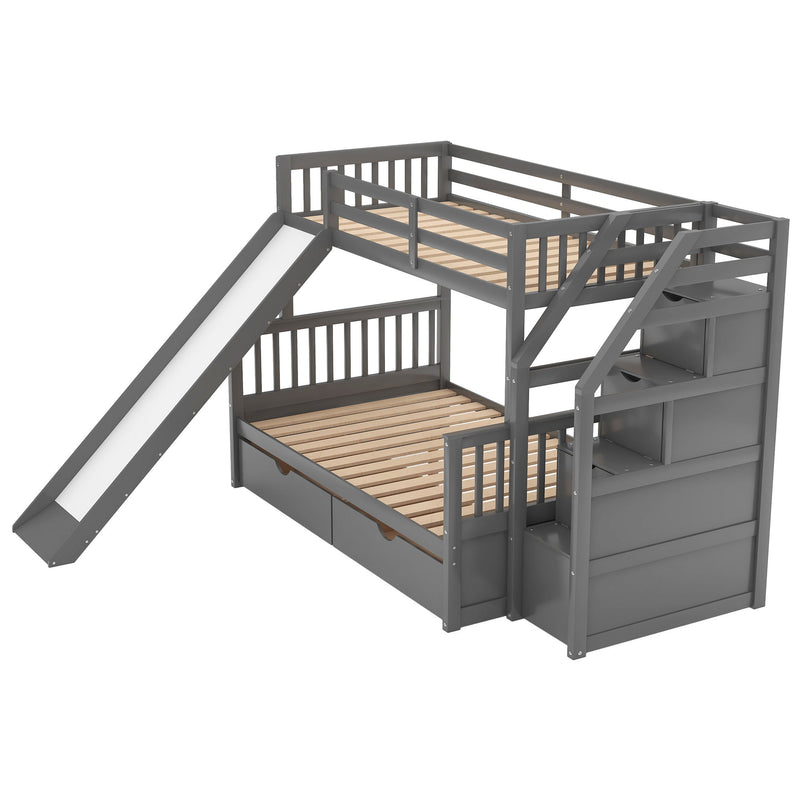 Twin Over Full Bunk Bed With Drawers, Storage And Slide, Multifunction, Gray