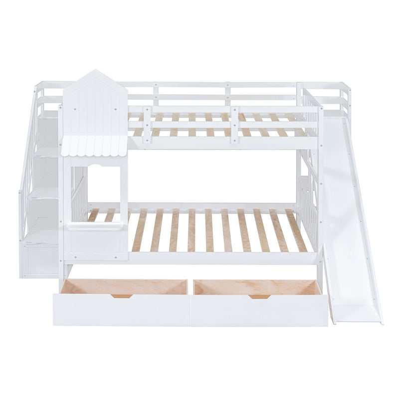 Full-Over-Full Castle Style Bunk Bed, With 2 Drawers 3 Shelves And Slide - White
