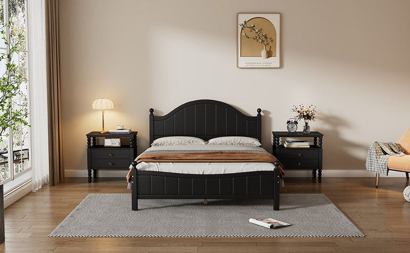 Traditional Concise Style Black Solid Wood Platform Bed, No Need Box Spring, Full