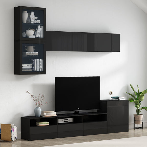 On-Trend High Gloss TV Stand With Ample Storage Space, Media Console For TVs Up To 75 Inches, Versatile Entertainment Center With Wall Mounted Floating Storage Cabinets For Living Room, Black