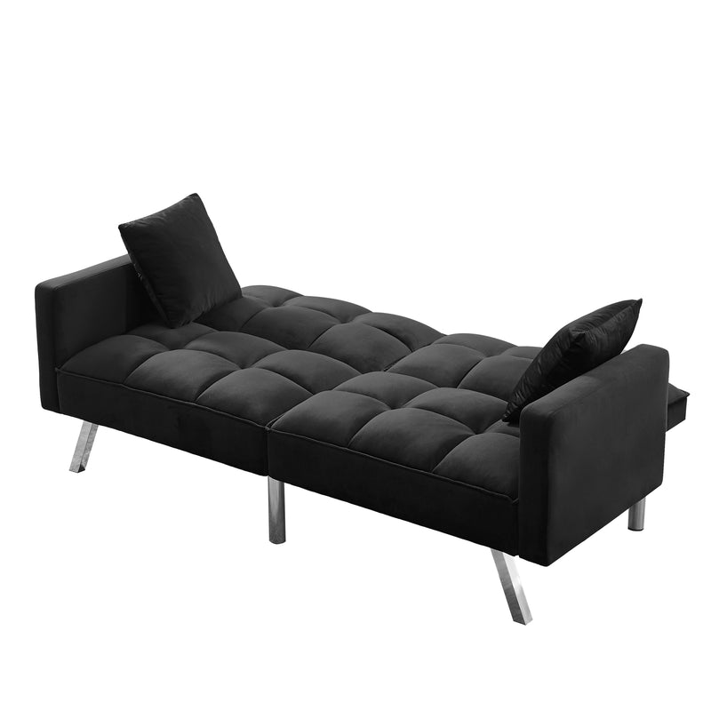 FUTON SOFA SLEEPER BLACK VELVET WITH 2 PILLOWS（same as W223S01117、W223S01463。Size difference, See Details in page.）